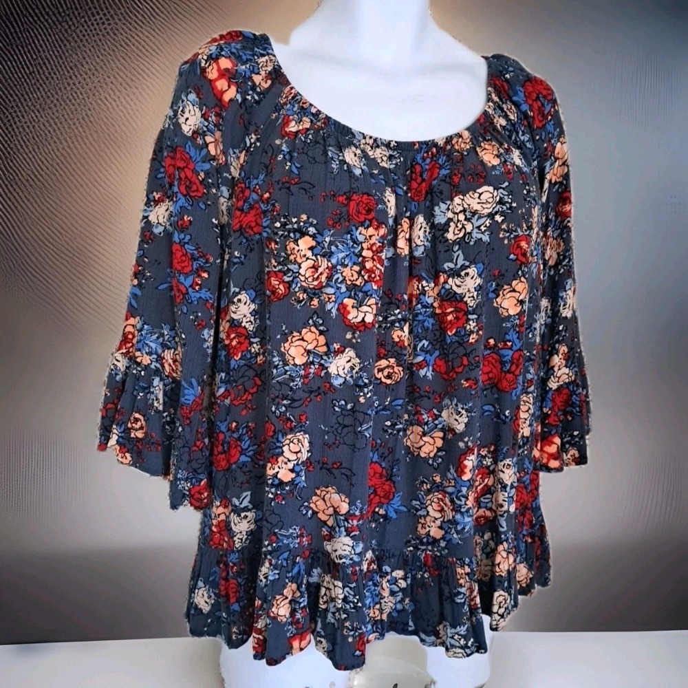 Faded Glory Popover Top 3X Blue Floral Bell Sleeve Ruffled Hem Boho Peasant